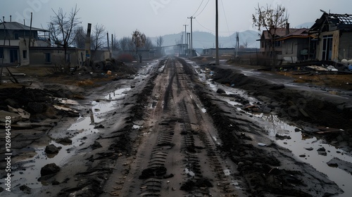Muddy Abandoned Rural Road Winding Through Dilapidated Buildings and Debris