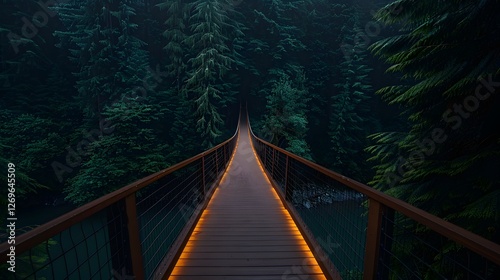 Mysterious Wooden Bridge Crossing Through Enchanted Forest Landscape
