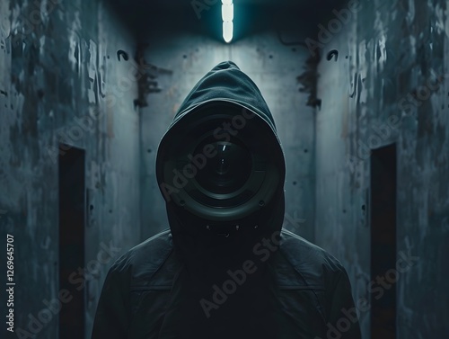 Ominous Silhouette in Dimly Lit Hallway   Shrouded Mysterious Figure Looming in Darkness