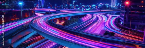 Neon City Highway Light Trails At Night