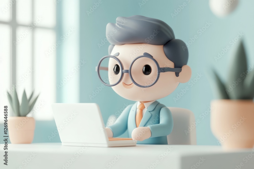 A cheerful cartoon businessman works on his laptop in a bright, minimalist office. A cheerful cartoon businessman works on his laptop in a bright, minimalist office.