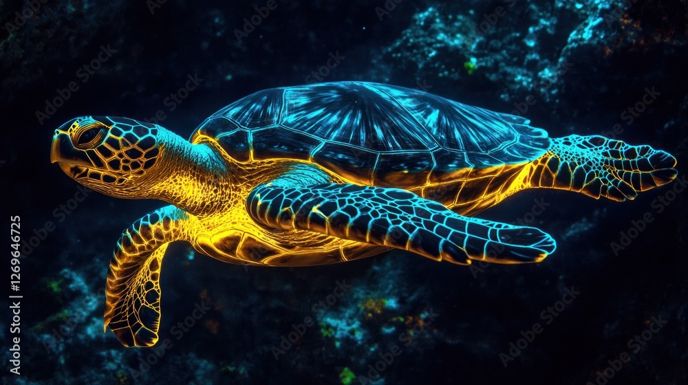 Fototapeta premium Radiant Sea Turtle: A Bioluminescent Underwater Marvel