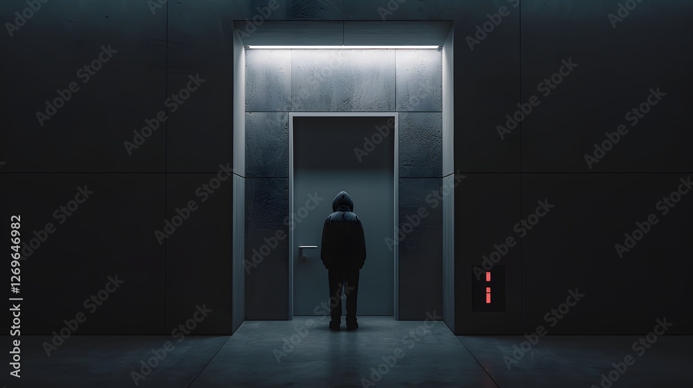 Fototapeta premium Solitary Figure in a Dimly Lit Architectural Corridor