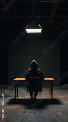 Solitary Figure in Dimly Lit Industrial Interior