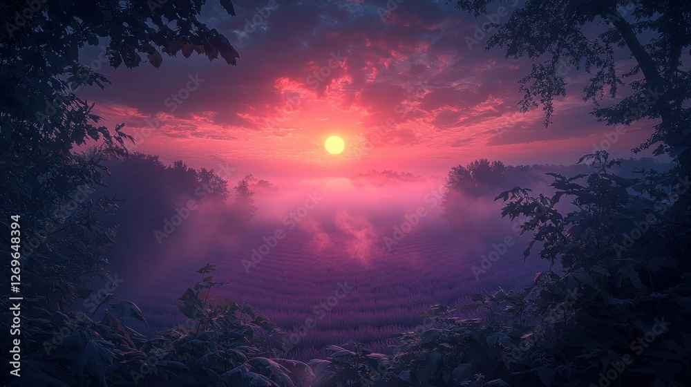 Misty sunrise over lavender field, framed by leaves