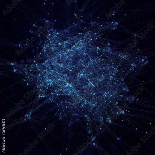 Abstract blue digital network with interconnected nodes and lines on dark background