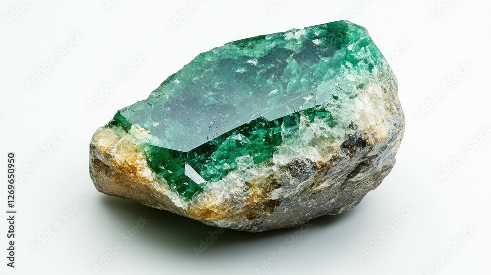 Rough emerald crystal on white background, gemstone, geology Rough emerald crystal on white background, gemstone, geology
