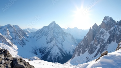 Sun at zenith, Mountain range snow peaks midday sun clear view photorealistic.