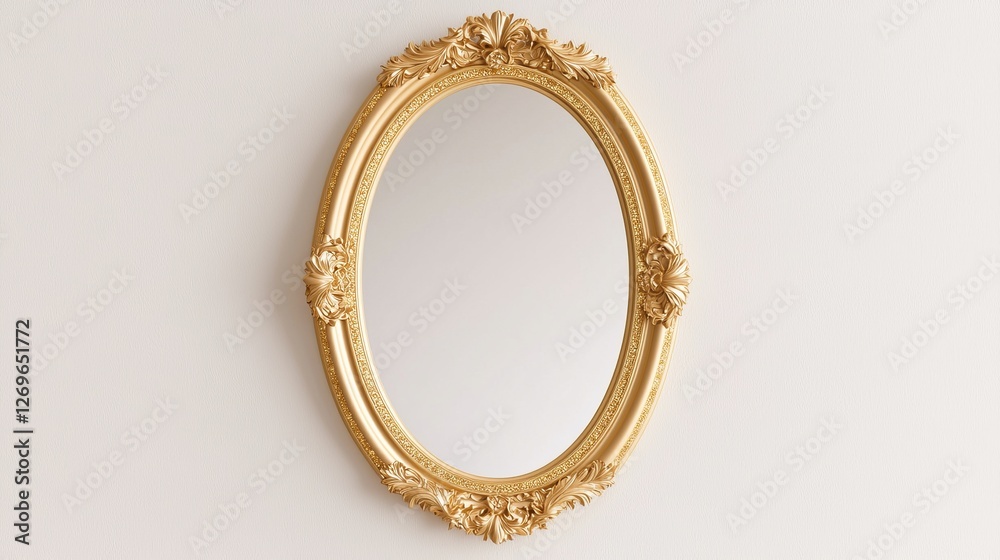 Elegant gold framed mirror displayed on a wall home decor interior design stylish environment eye-level view Elegant gold framed mirror displayed on a wall home decor interior design stylish environment eye-level view