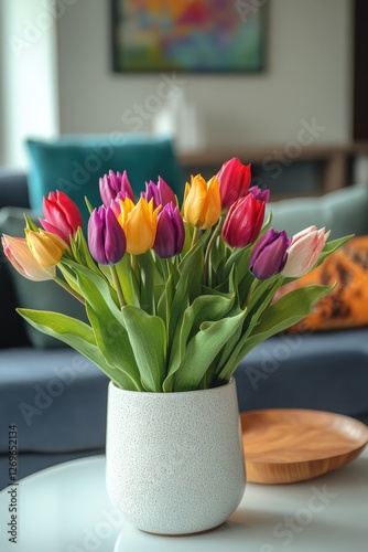 Colorful Tulips in White Vase