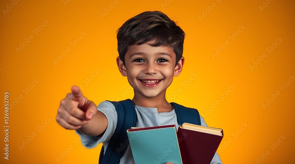Happy Schoolboy Holding Books & Pointing at Copy Space – Vibrant Yellow Background Happy Schoolboy Holding Books & Pointing at Copy Space – Vibrant Yellow Background