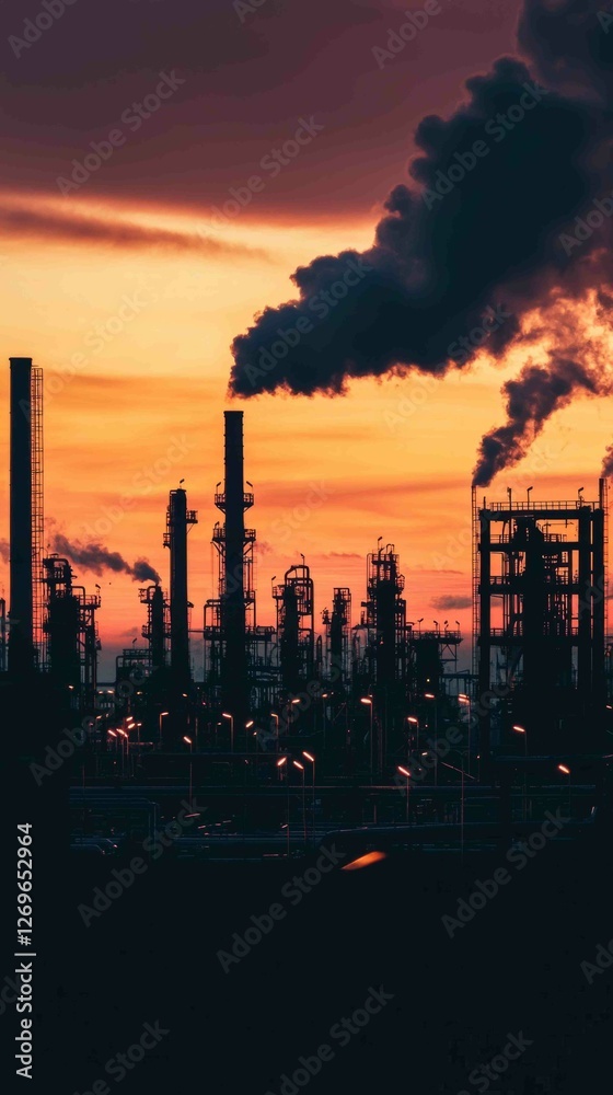 Obraz premium Bleak Industrial Wasteland at Dusk with Dark Silhouettes