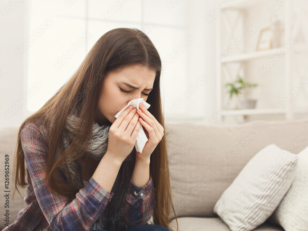 A woman wrapped in a warm blanket, sneezing into a tissue while suffering from a cold or flu, symbolizing seasonal illness, home recovery, and self-care. A woman wrapped in a warm blanket, sneezing into a tissue while suffering from a cold or flu, symbolizing seasonal illness, home recovery, and self-care.