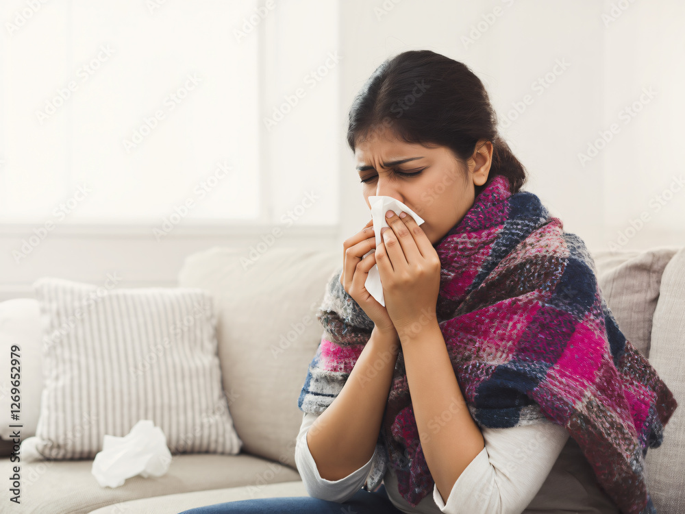 A woman wrapped in a warm blanket, sneezing into a tissue while suffering from a cold or flu, symbolizing seasonal illness, home recovery, and self-care. A woman wrapped in a warm blanket, sneezing into a tissue while suffering from a cold or flu, symbolizing seasonal illness, home recovery, and self-care.