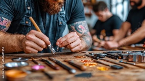 professional stock photography  Groups fixing items like electronics or clothing in community spaces, promoting sustainability and collaboration. photo