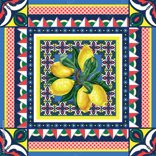 Design scarf with lemons and vivid tile ornament. Vector.