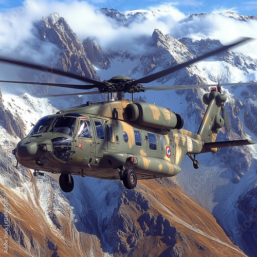 Militärhubschrauber fliegt über den Alpen photo