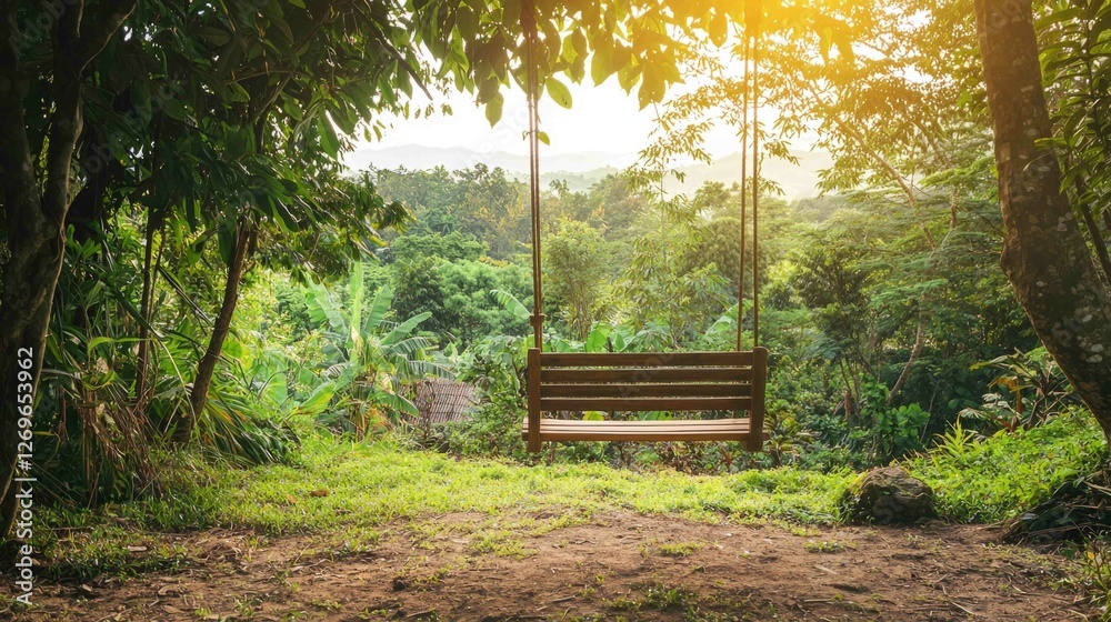 Charming Bamboo Swing in Tropical Rainforest at Sunset Charming Bamboo Swing in Tropical Rainforest at Sunset