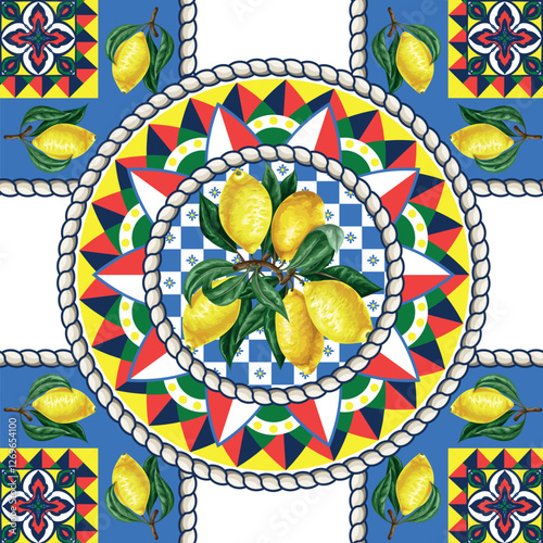 Seamless pattern with lemons and vivid tile ornament. Vector.