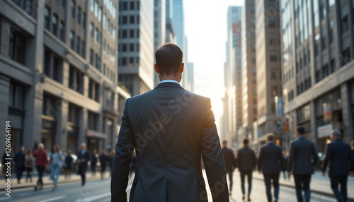 Business Professional in Formal Suit Walking through Busy City Street with High-rise Buildings photo