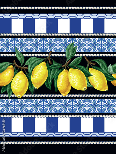 Seamless pattern with lemons and blue ornament. Vector.