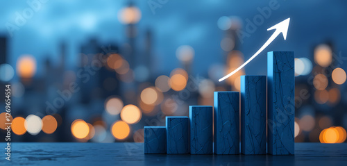 Positive Growth Bar Chart with Cylindrical Bars and Upward Arrow on Bokeh Urban Background