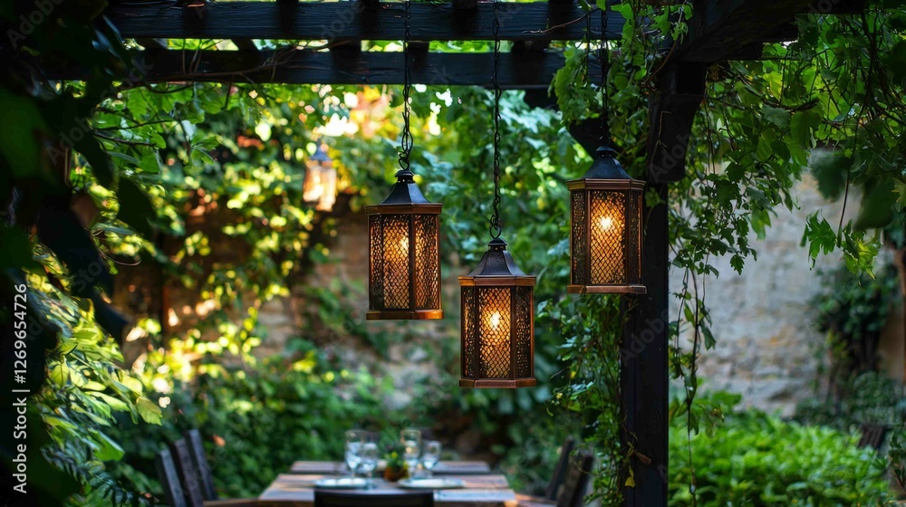 Charming Outdoor Patio with Copper Lanterns Hanging Among Greenery Charming Outdoor Patio with Copper Lanterns Hanging Among Greenery