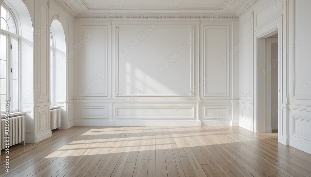 Fototapeta premium Empty Room with White Paneled Walls and Large Window Casting Natural Light