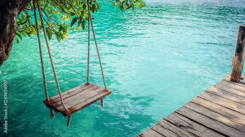 Rustic Rope Swing Hanging from Tree Over Sparkling Water