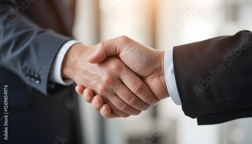 Formal Handshake Between Business Professionals with Blurred Background and Sunlight Glow photo