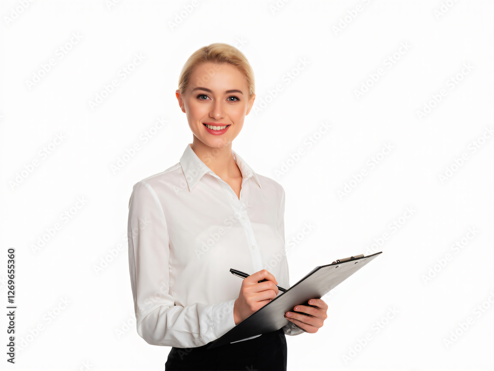 A confident professional woman in a white shirt holding a clipboard, symbolizing business management, organization, and workplace efficiency. A confident professional woman in a white shirt holding a clipboard, symbolizing business management, organization, and workplace efficiency.