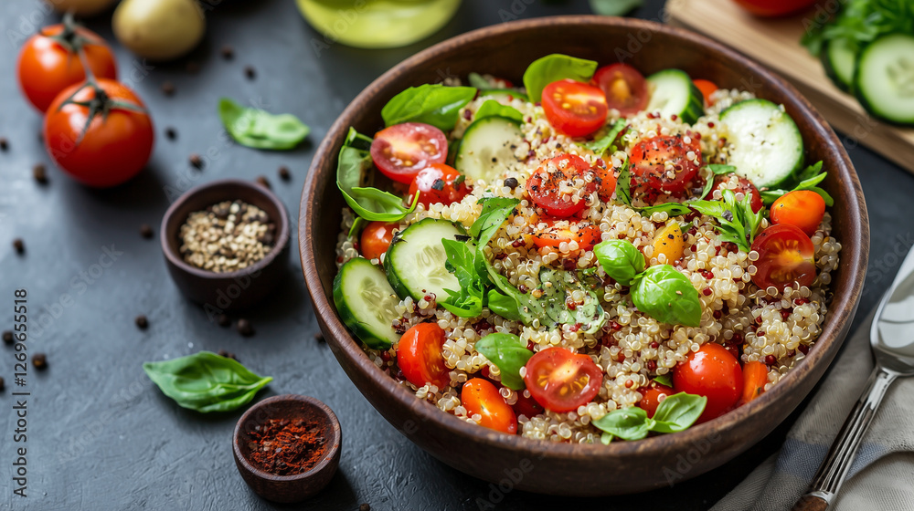 Vibrant salad with cherry tomatoes, cucumbers, and quinoa, topped with fresh greens and spices, served in a rustic bowl. Vibrant salad with cherry tomatoes, cucumbers, and quinoa, topped with fresh greens and spices, served in a rustic bowl.