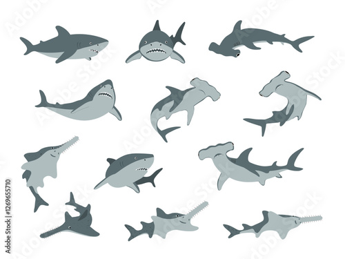 Sharks vector illustration. Cartoon Hammerhead shark and sawfish in different poses. Marine predator fish set