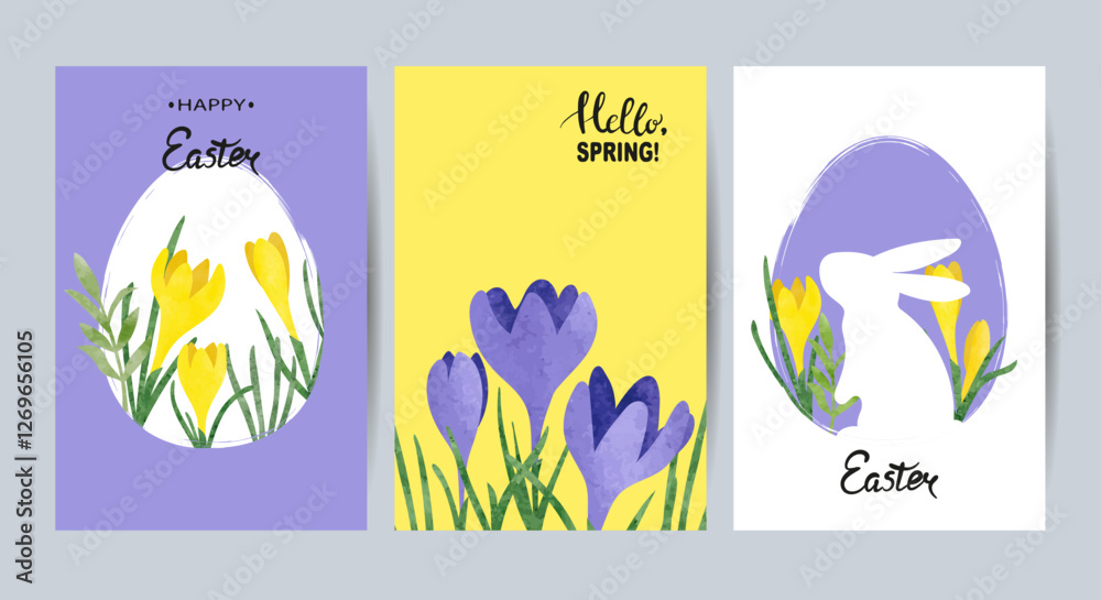 Naklejka premium Happy Easter greeting cards set. Vector holiday posters with watercolor spring flowers, eggs and rabbit