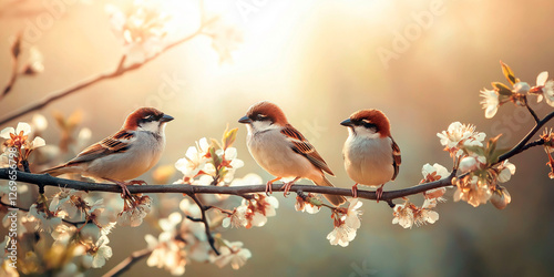 Three sparrows perched on a blooming branch in warm sunlight, symbolizing harmony, nature, and the beauty of spring