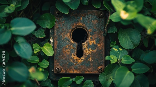 Old Keyhole Surrounded by Green Leaves