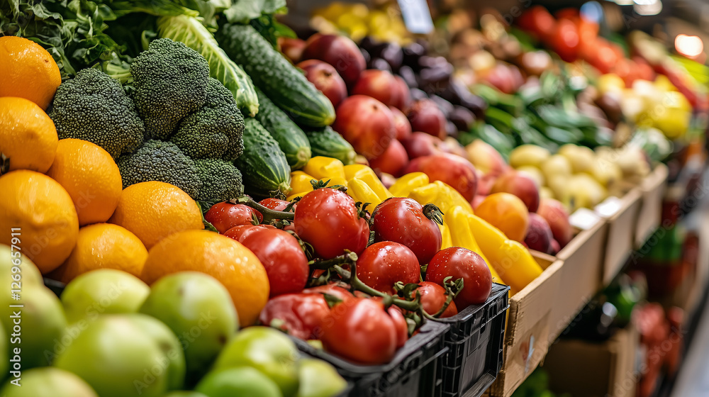 Close-up of a fresh produce section, crisp greens, ripe fruits, and vivid colors. Close-up of a fresh produce section, crisp greens, ripe fruits, and vivid colors.