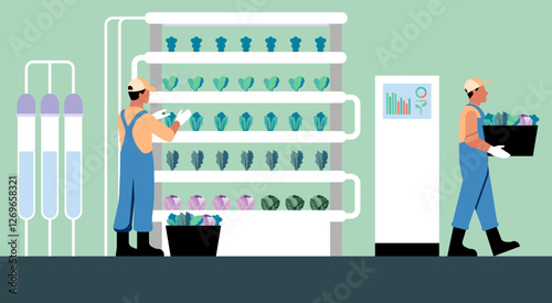 Hydroponic farm worker picking organic vegetables from an indoor vertical farming system, green technology, food production, and futuristic agricultural methods, vector flat illustration design
