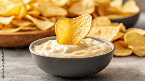 A single potato chip being dipped into a bowl of creamy cheese sauce, with a blurred background of more chips