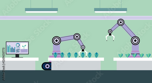 Robotic arm handling crop in a high tech automated farm system, smart agriculture, vertical farming innovation, the future of sustainable food production with AI technology, vector flat illustration