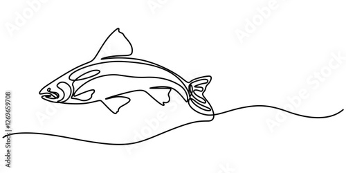 salmon fish continuous one line drawing, Thin Line Fishing Icon On A Transparent Background, Continuous one line drawing of big salmon or trout for logo identity. Large lake fish mascot concept for. 
