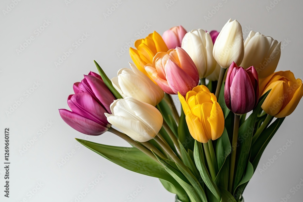 Colorful tulip bouquet in soft natural light against a white background, symbolizing spring, freshness, and simple floral beauty.
Colorful tulip bouquet in soft natural light against a white background, symbolizing spring, freshness, and simple floral beauty.