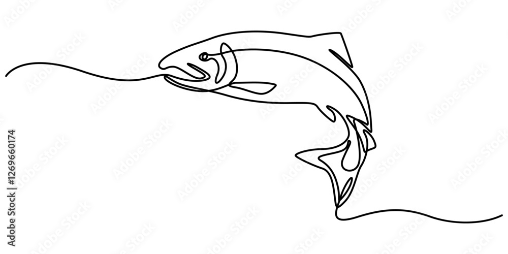 Fototapeta premium salmon fish continuous one line drawing, Thin Line Fishing Icon On A Transparent Background, Continuous one line drawing of big salmon or trout for logo identity. Large lake fish mascot concept for.