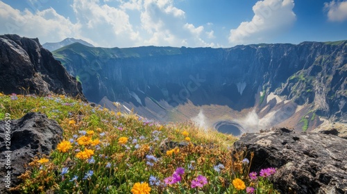 A close-up of Hallasan's crater, with volcanic rock formations and wildflowers blooming around the rim of the caldera in the early spring photo