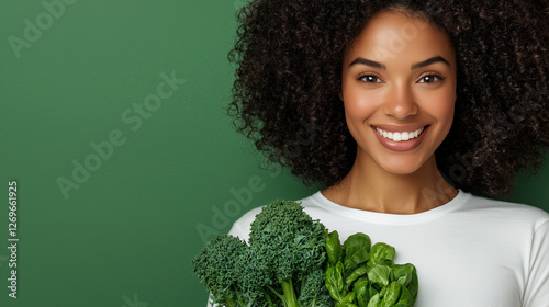 Young woman in white t-shirt, smiling and holding greens, soft cool lighting backdrop.