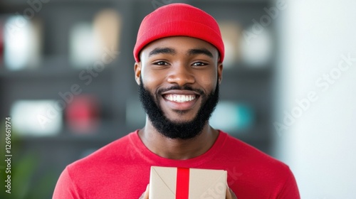 Appreciation Day concept. Smiling Postal Worker Graciously Accepts Small Gift from Appreciative Customer photo