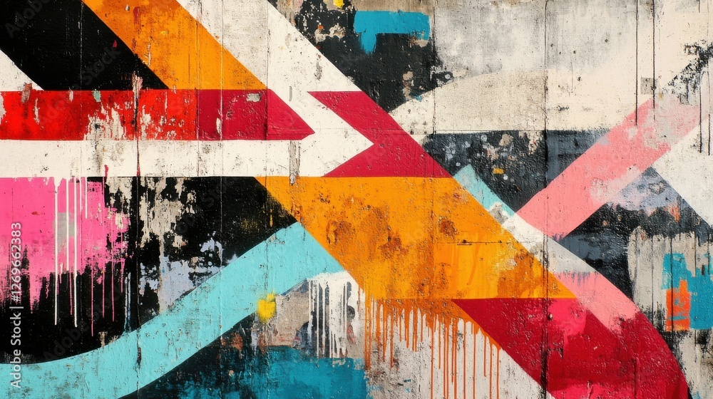Naklejka premium Vibrant Street Art Pattern on Weathered Wall, Urban Environment, Graphic Art, Bold Colors, Creative Viewpoint