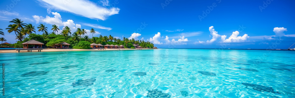 Tropical Maldives beach with vivid turquoise waters, paradise escape Tropical Maldives beach with vivid turquoise waters, paradise escape