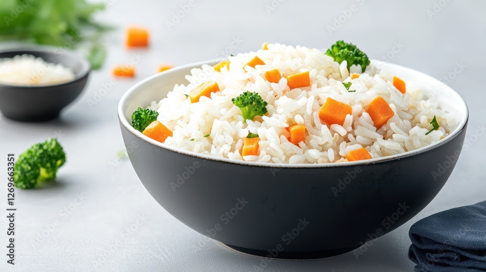 White Rice with Vegetables in a Dark Bowl dish with herbs and White Rice with Vegetables in a Dark Bowl dish with herbs and