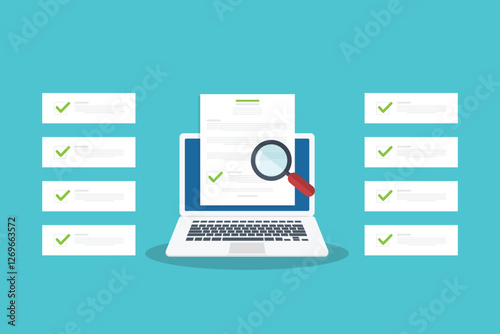 Online digital document inspection or assessment evaluation on laptop computer, contract review, analysis, inspection of agreement contract, compliance verification.	